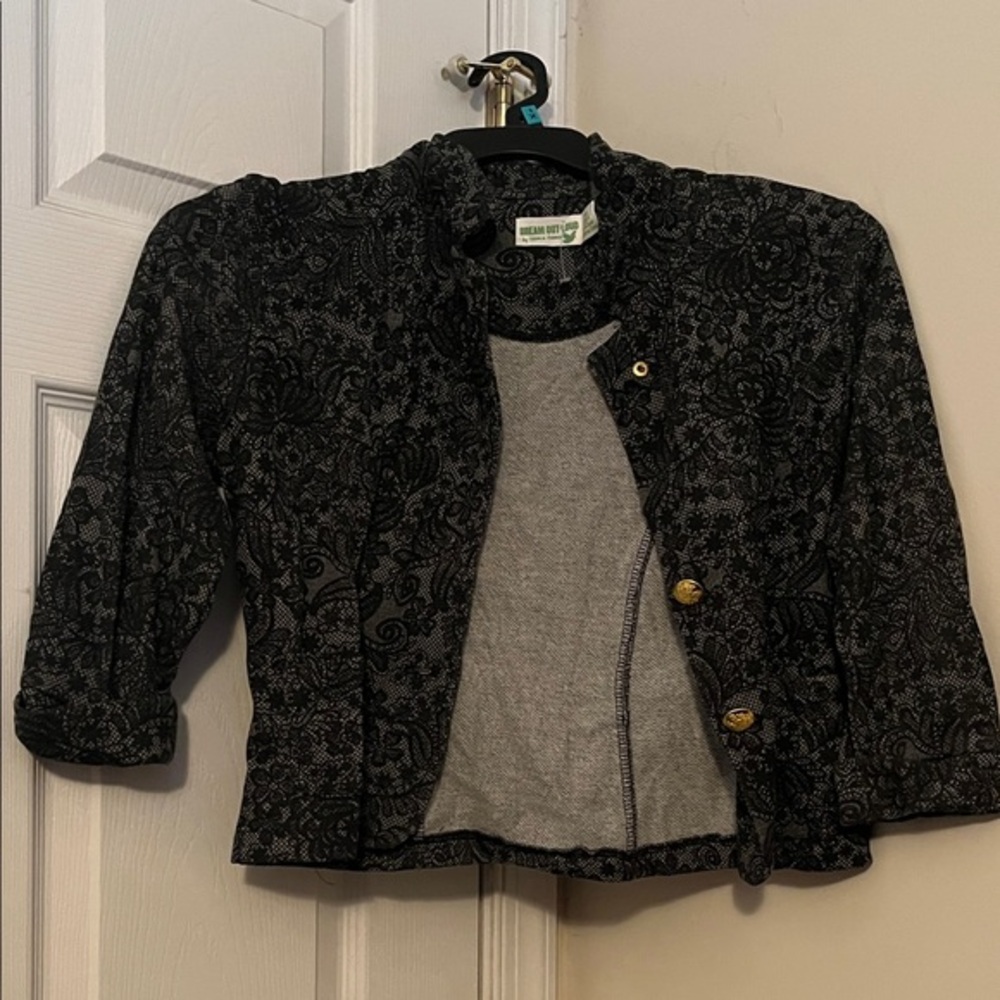 Elegant Black Lace Cropped Blazer with Gold Accents